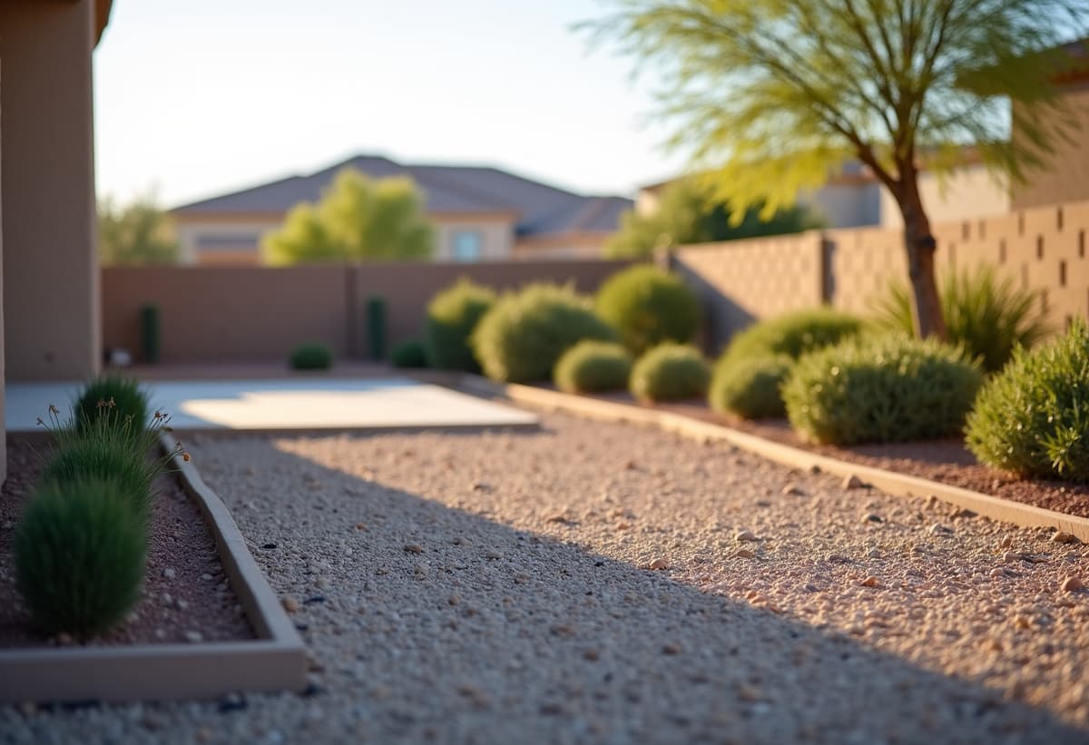 Landscaper installing gravel patio in Marana, AZ