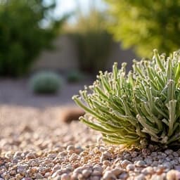 After image of a clean desert landscape following junk removal in Tucson. This photo displays a transformed residential property with new gravel installation and organized desert plants, showcasing professional landscaping results.