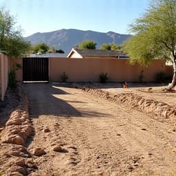Desert landscaping front yard in progress, showing grading and preparation for new features in Tucson