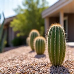 After image of a desert yard cleanup in Green Valley featuring new gravel and neatly arranged desert landscaping with cactus plants.