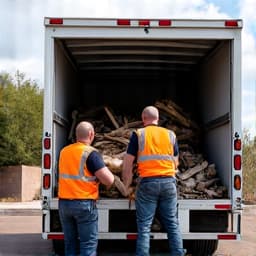 Marana debris hauling loading truck. A team loading various construction and yard debris into a hauling truck at a Marana, AZ, site, indicating ongoing junk removal services.