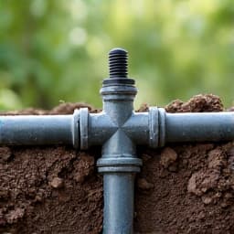 Marana irrigation system repair in progress. A technician working on an exposed section of an irrigation system in a Marana, AZ, garden, showing pipes and connection being fixed.