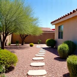 Marana yard cleanup after. A beautifully manicured and clean residential yard in Marana, AZ, after professional yard cleanup, showcasing neat landscaping and clear pathways.