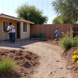 Marana yard cleanup mid-project. A residential yard in Marana, AZ, showing partially cleared areas and a crew actively working on debris removal and weeding.