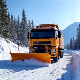 A snow plow clearing a road in Summerhaven, Mt. Lemmon. Heavy-duty snow removal equipment on a frost-covered road, ensuring safe passage through a snowy mountain community.