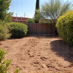 Yard cleanup in Tucson, Arizona before a brush clearing project, showing overgrown vegetation and debris