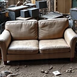 Before image of a residential backyard filled with various types of household junk, old furniture, and debris in Oro Valley, AZ