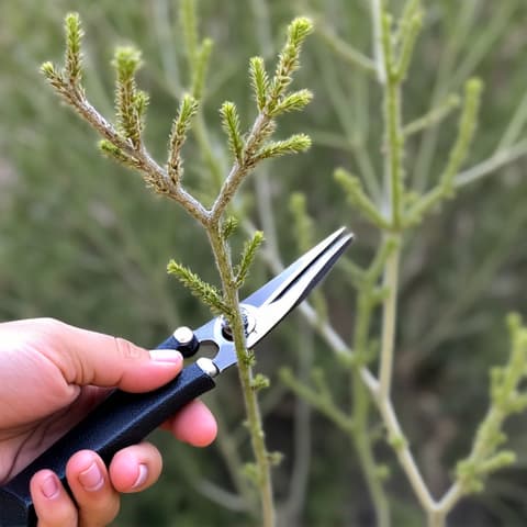 Desert Plant Trimming and Pruning. Expert pruning of a mature desert shrub in a Tucson landscape, demonstrating proper technique for plant health and aesthetic appeal in an Arizona yard.