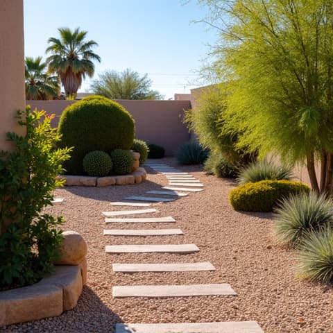 Transformed Tucson backyard after monsoon cleanup and landscaping. Clean, well-maintained yard with clear pathways, trimmed plants, and fresh gravel.