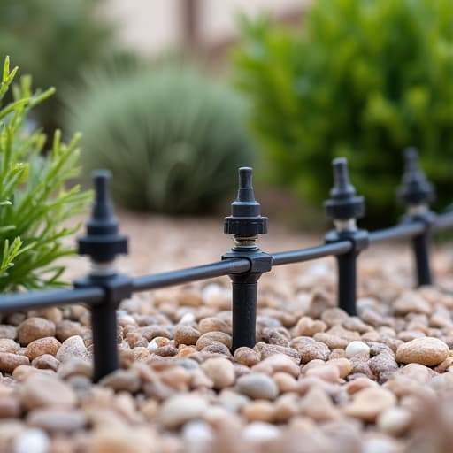 Low water landscaping in Tucson with decorative gravel and drip irrigation