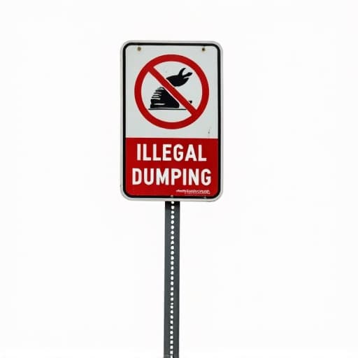 Illegal dumping warning sign in Tucson with discarded debris
