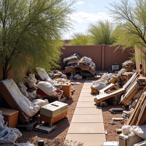Piles of junk and debris in a backyard before cleanout