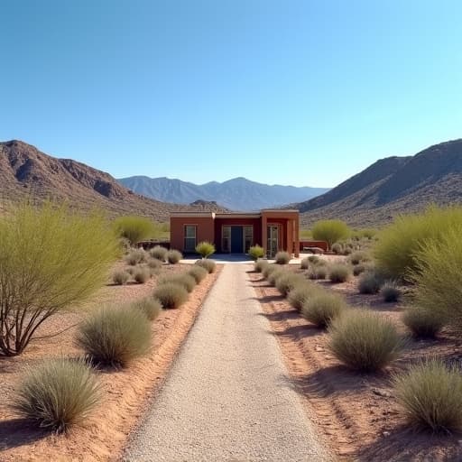 Arid landscape with cleared brush creating a defensible space around a home.