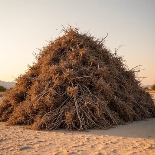 Pile of cleared mesquite branches and dry brush ready for debris hauling.