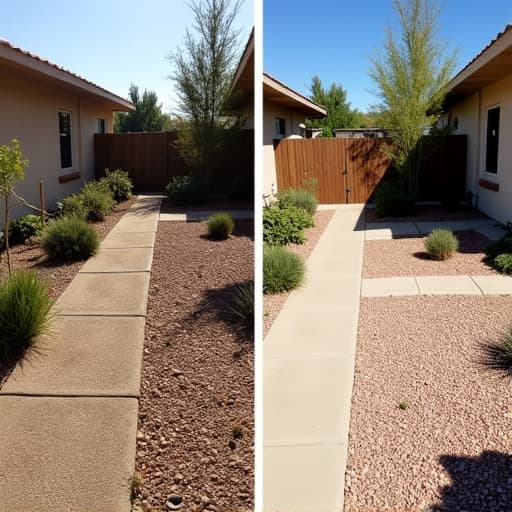 Before and after of a desert yard cleanup in Tucson, showing removal of overgrown vegetation and debris