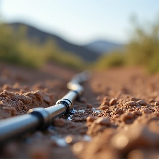 Water dripping from a broken irrigation pipe in a desert landscape