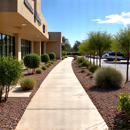 Commercial property in Marana after post-monsoon debris removal and cleanup, showing a pristine and well-ordered landscape. This transformation highlights effective debris hauling, restoring the commercial property's curb appeal.