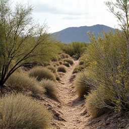 Desert landscape in Casas Adobes before cleanup, showing significant overgrowth and untamed vegetation. This project involved extensive property restoration and vegetation management to enhance curb appeal and safety.
