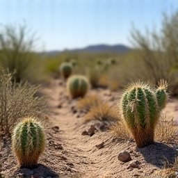 Dry, unkempt desert landscape with invasive cactus and brush before professional landscaping. Desert landscaping revamp, site clearing, brush management.