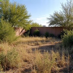 Overgrown yard before cleanup in Casas Adobes, near Foothills Mall. A residential property with dense weeds, accumulated debris, and unmaintained landscaping.