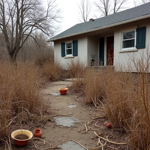 Before Casas Adobes yard cleanup with overgrown weeds and debris