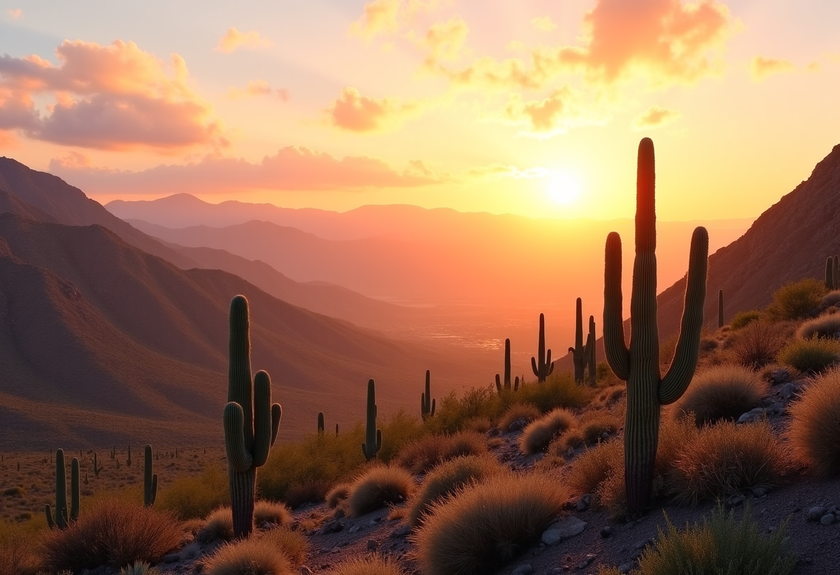 Panoramic view of Catalina Foothills desert landscape with modern architecture, showcasing landscaping and clean outdoor space