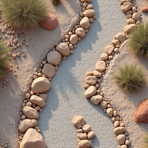 Improved drainage system with gravel and river rocks redirecting water flow in a desert landscape