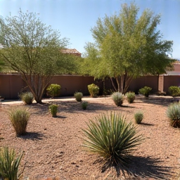 A Tucson property after thorough fire prevention cleanup, demonstrating reduced fire risk with cleared brush and well-maintained vegetation spacing.