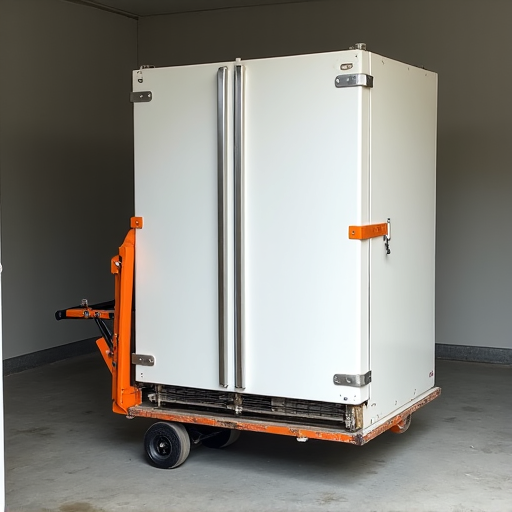 An old refrigerator being moved out of a garage by two professionals holding straps