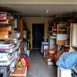 Before image of an estate cleanout in Green Valley, showing various debris and unwanted items piled in a garage before removal.