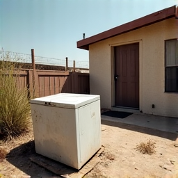 Before: Post-construction junk and debris piled in a Green Valley residential yard. This image shows a backyard in Green Valley, AZ, filled with construction materials, wood scraps, and general waste.