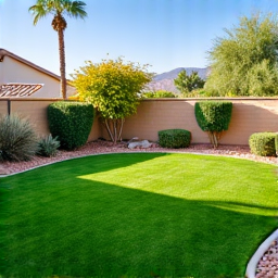 After: Pristine backyard in Green Valley following professional yard cleanup. The image shows the same residential backyard in Green Valley, AZ, now with a neatly manicured lawn, trimmed bushes, and a clean, clutter-free appearance.