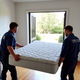 Junk removal team carrying large furniture out of home