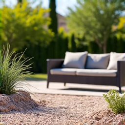 After image of a beautifully landscaped patio in Oro Valley after brush clearing. This photo shows a well-maintained outdoor living space with cleared brush, new plants, and elegant hardscaping, completed by professional landscapers.