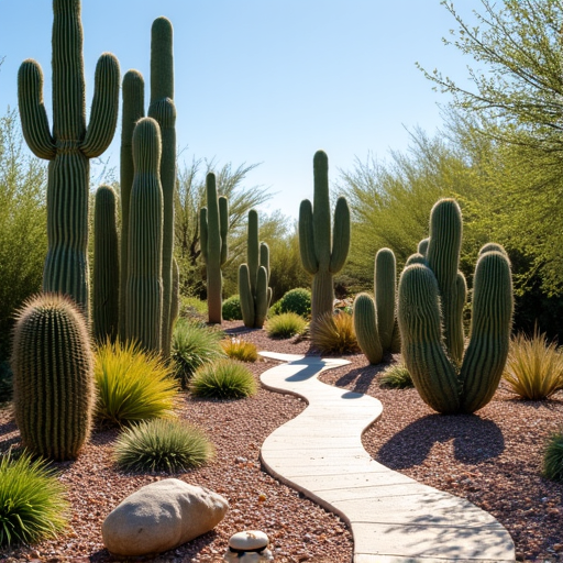 Landscaping Maintenance After Monsoon. A beautiful Tucson backyard restored after monsoon season, with debris cleared and plants thriving, embodying the resilience and beauty of Arizona landscapes.