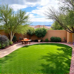 A restored Tucson backyard after monsoon storm cleanup, showing a neat and safe outdoor living space, free of debris.