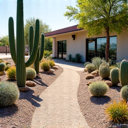 Marana desert landscaping at a commercial property. A newly installed desert landscaping design for a commercial building in Marana, AZ, featuring native plants and decorative rock.