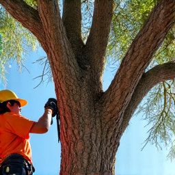 Marana tree trimming in progress. A professional landscaper in Marana, AZ, actively trimming a tree, with branches partially cut and equipment visible, enhancing the property's appearance.