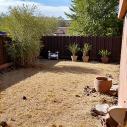 Neglected backyard before cleanup in Catalina Foothills, characterized by patches of dry weeds, scattered debris, and unmaintained plants. 