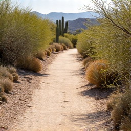 Clear and accessible pathway after overgrown cactus and brush clearing. Pathway landscaping, pedestrian access improvement, safe outdoor spaces.