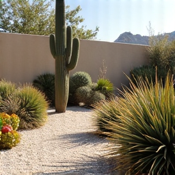 Professional landscaping with desert plants and gravel