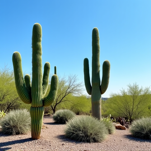 Professional Yard Cleanup Services Tucson. A freshly cleaned backyard in Tucson, showing cleared brush, neatly trimmed hedges, and manicured desert plants, ready for Arizona's seasonal changes.