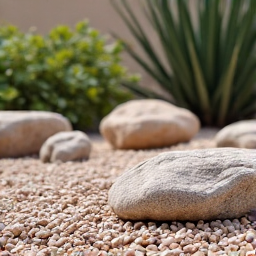 Elegant rock garden featuring various sizes and colors of gravel and boulders in Marana, AZ, designed for aesthetic appeal and water conservation.