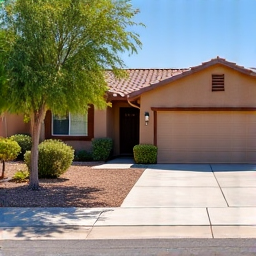 Beautifully completed front yard landscaping in Tucson with Apache Brown gravel, enhancing curb appeal.