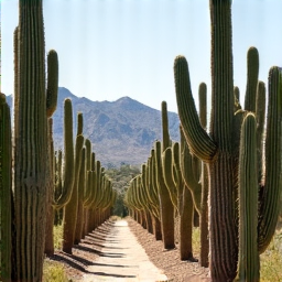 Pathway completely blocked and overgrown by large saguaro and other cactus. Pathway clearing, accessibility improvement, property safety upgrades.